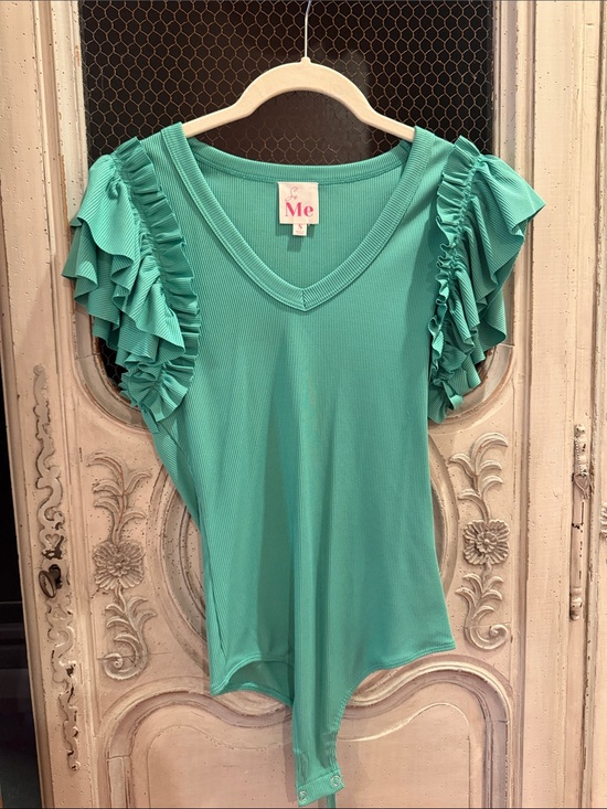 ME Makeover Essentials Tops - ME Makeover Essentials Teal Ruffle-Sleeve V-Neck Bodysuit
